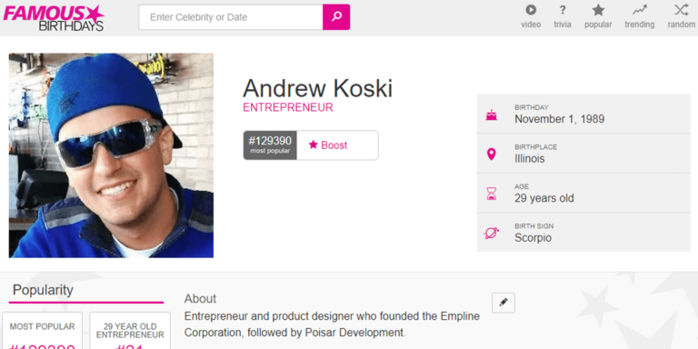 Entrepreneur Andrew Koski's profile on a popular birthdays-themed website.