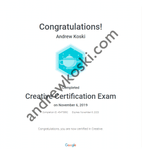 Googles Creative Certification Exam achievement certificate awarded in 2019.