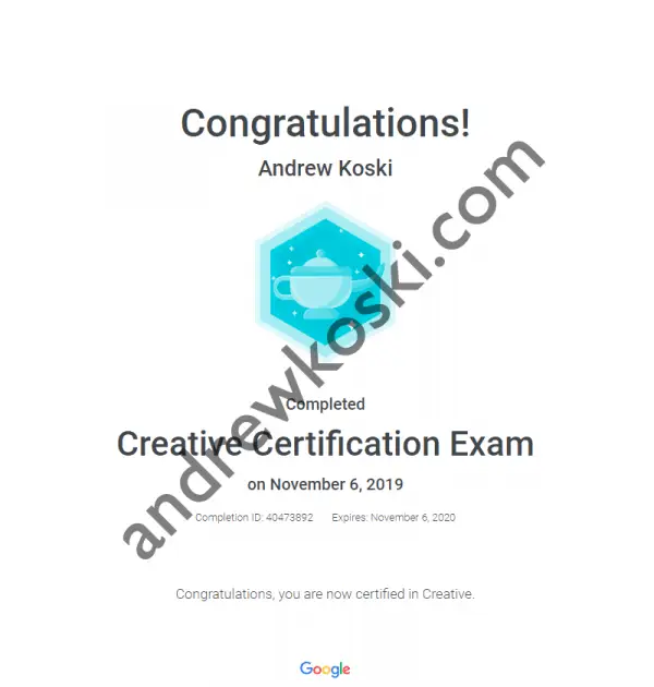 Googles Creative Certification Exam achievement certificate awarded in 2019.