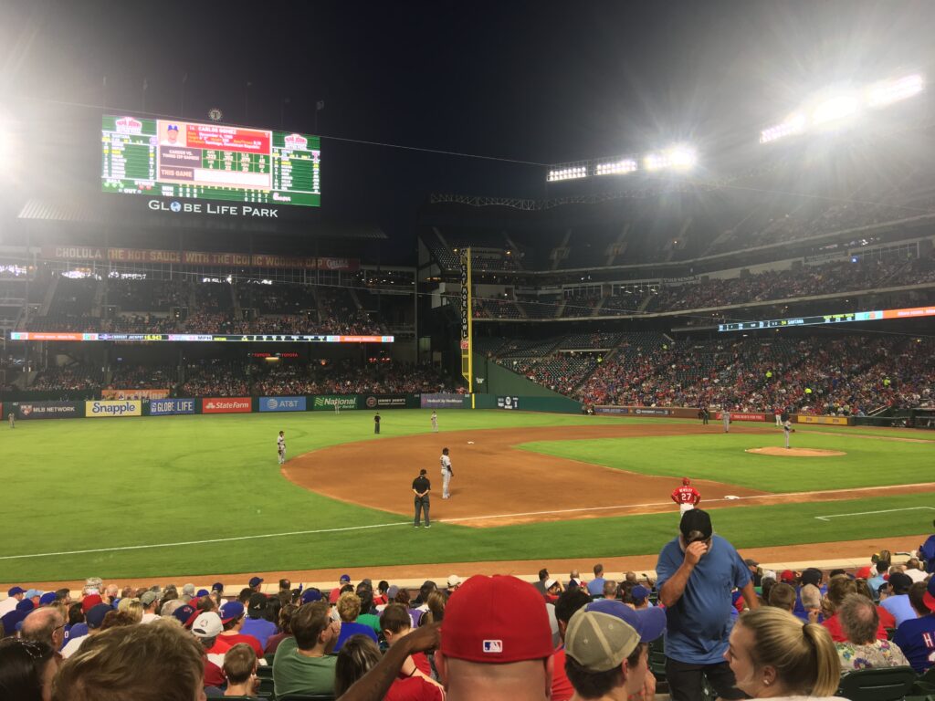 Evening Baseball Match - Texas Rangers Leading Minnesota Twins 4-3 in Packed Stadium