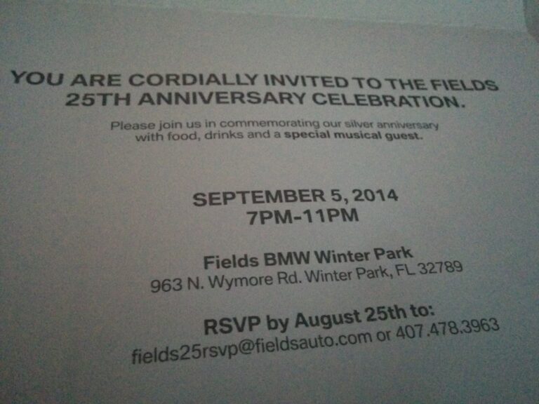 Invitation to Fields BMWs 25th Anniversary Celebration in Winter Park, Florida.