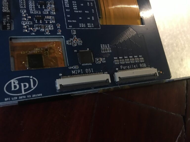 Detail of a high-speed MIPI DSI circuit board with HDMI interface and parallel connectors.