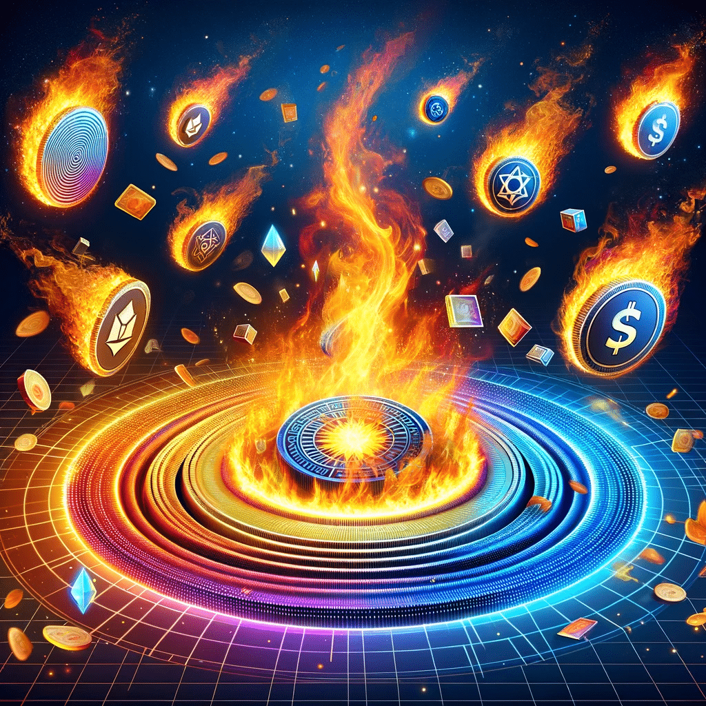 Fiery vortex with Solana tokens and NFTs in a digital universe.