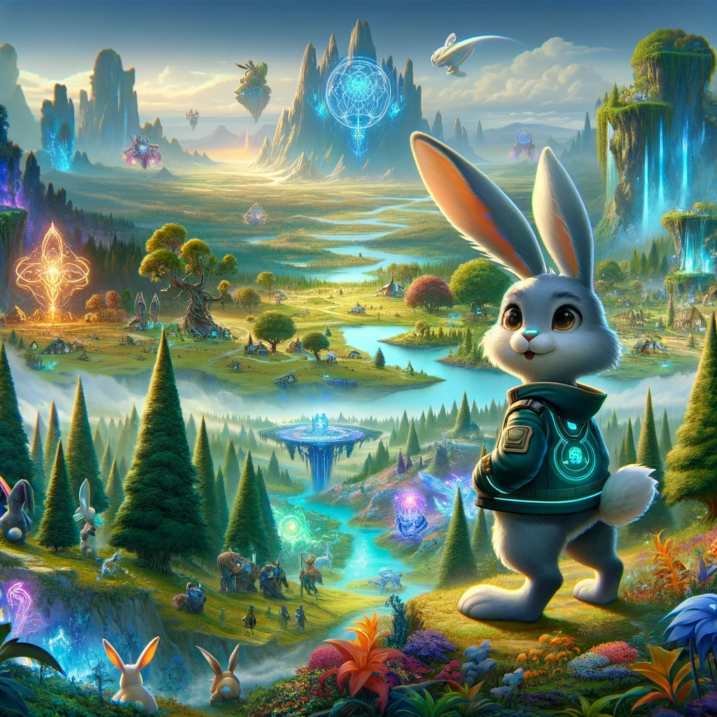 Anthropomorphic rabbit in a vibrant, magical landscape from the game Elementerra.